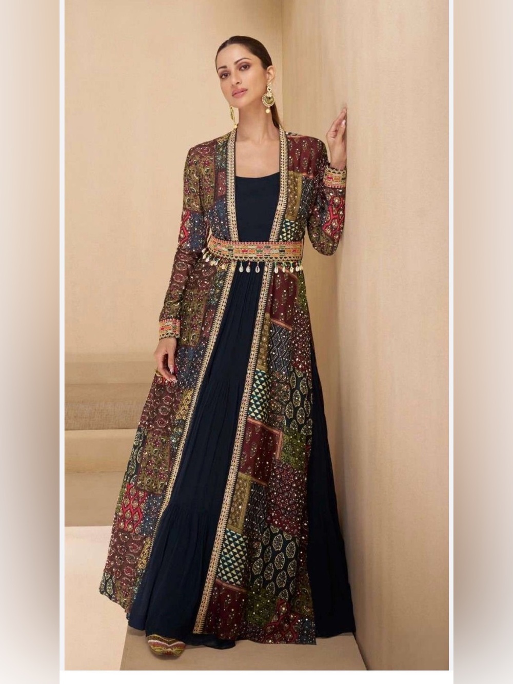 Blue Embroidery & Sequins Work Georgette Gown Suit With Jacket